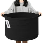 90L Large Blanket Basket,21.7"L x 21.7"W x 13.8"H Rope Woven Baskets with Handles, Toys Storage Bins,Laundry Basket Perfect for Living Room, Nursery,Bedroom,Home Organization,Black