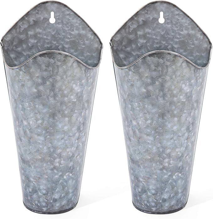 Mkono Galvanized Metal Wall Planter Farmhouse Wall Vase for Artificial Plants Flowers, Rustic Hanging Fake Flowers Holder Country Home Bedroom Living Room Decor Set of 2, Silver, Small