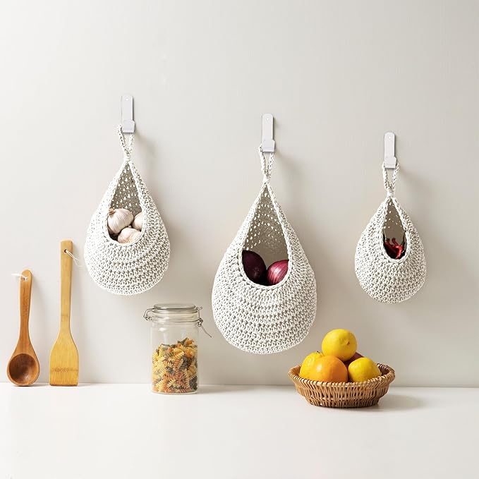 Hanging Fruit Basket Set of 3, Boho Wall Hanging Storage Basket for Organizing, Handmade Teardrop Hammock Holder for Fruit Vegetable in Home & Restaurant Kitchen with Hooks, White Cotton