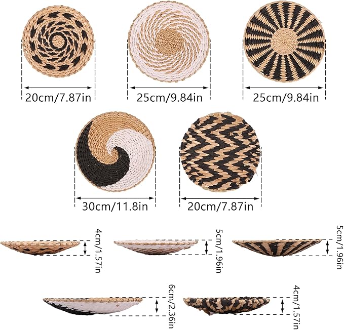 HJJWNDDNG 5 Pack Boho Wall Basket Decor Set, Hanging Woven Seagrass Rattan Wicker Boho Wall Decor, Round Farmhouse Wall Hanging Baskets Rustic Flat Wall Art for Living Room Bedroom Kitchen
