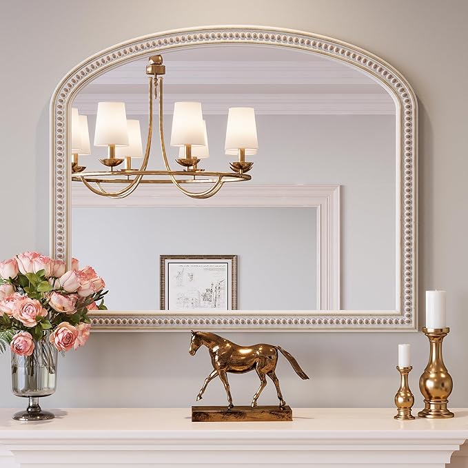 Boho Mirror for Wall, 36" x 30" Farmhouse Arched Rustic Wooden Frame Mirror with Beaded, Arch Decorative Wall Mirrors for Bathroom, Vanity, Living Room, Entryway