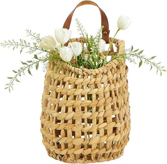 Water Hyacinth Hanging Basket with Faux Leather Strap - Handwoven Boho Wall Basket for Plant Flower Storage Home Decor (1)