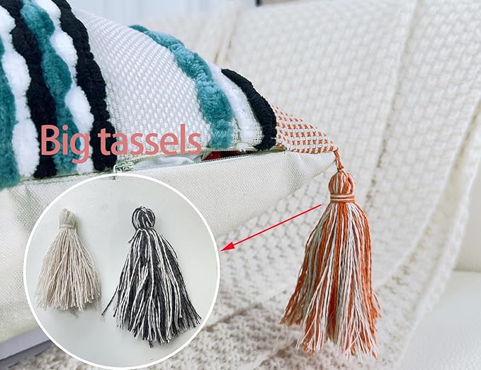 Chenille and Cotton Long Pillow for Bed, Striped Textured Boho Lumbar Throw Pillow Cover 16x36, Neutral Accent Decorative Extra Long Body Pillow Case for Couch, Sofa, Bedroom, Turquoise
