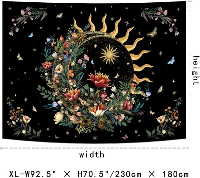 Racunbula Floral Plants Tapestry Sun and Moon Tapestry Retro Botanical Flowers Butterfly Tapestries Black Starry Sky Wall Decor Vintage Boho Aesthetic Tapestries Wall Hanging for Bedroom