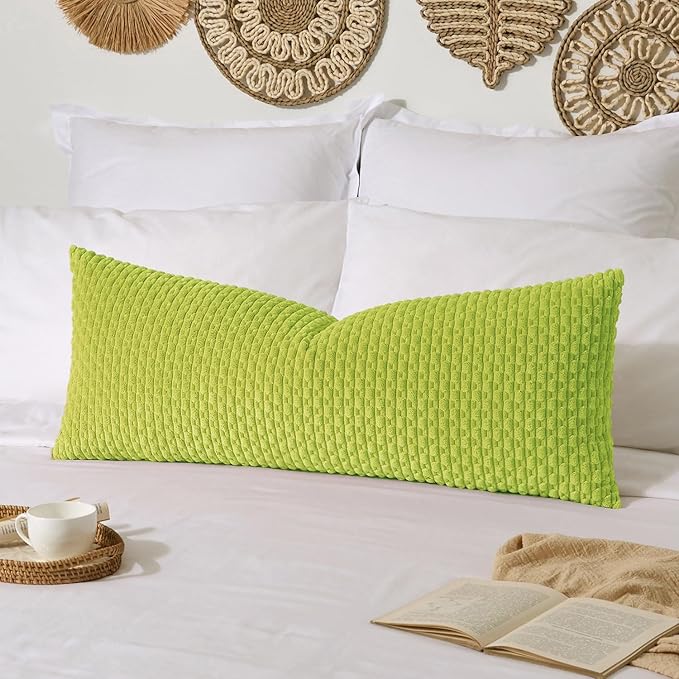 Kevin Textile 14x36 Inch Long Lumbar 1 Pack Boho Decorative Throw Pillow Cover Soft Striped Corduroy Rectangle Cushion Case Farmhouse Accent for Living Room Couch Sofa Bed, Spring Green