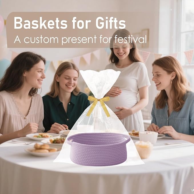 Woven Basket,Small Rope Storage Bin with Handles & Ribbon Bag, Organizer for Shelves Closets,Gift Basket Empty for Birthday,Books,Dog Toys, Purple