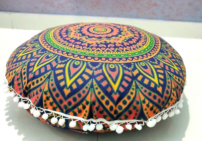 ICC New Blue Ombre 24" Mandala Barmeri Large Floor Pillow Cover Cushion Meditation Seating Ottoman Throw Cover Hippie Decorative Zipped Bohemian Pouf Ottoman Pom Pom Cases 24" Round