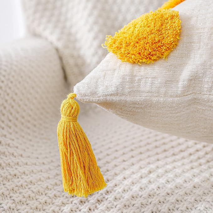 PANOD Super Soft Farmhouse Decorative Plush Throw Pillow Covers 20 x 20 Yellow,Solid Pom pom Tufted with Tassels Modern Accent Boho Square Cushion Cover Pillow Case for Couch Sofa