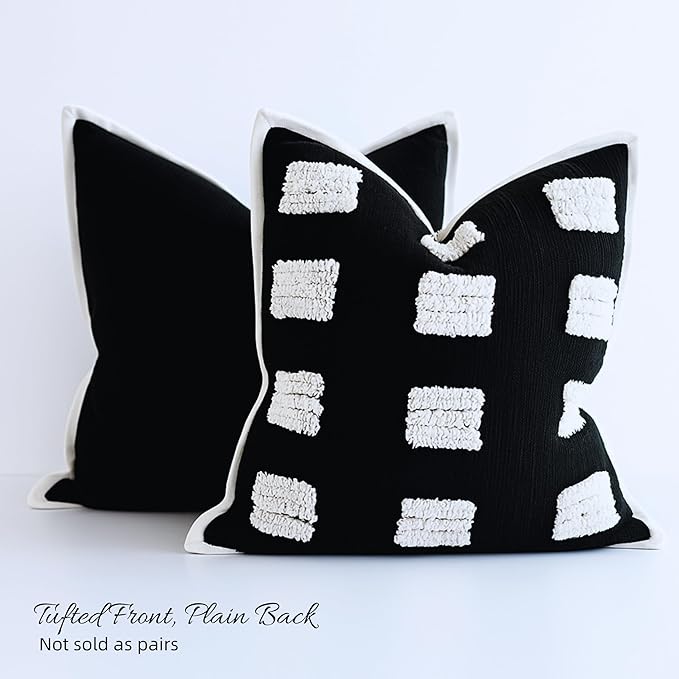Tufted Boho Throw Pillow Cover, Soft and Luxurious Chenille Fabric, 18x18 inches, Decorative Black and White Pillowcase for Couch, Bedroom, Living Room, Modern Pillowcase for Home Decor