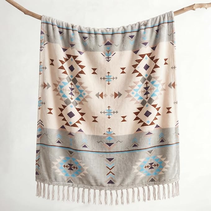 CASAAGUSTO Boho Throw Blanket - Green and Beige Decorative Blankets with Tassel, Printed Flannel Bohemian Blanket for Chair, Bed, Sofa, Couch(60 * 80, Green and Beige)