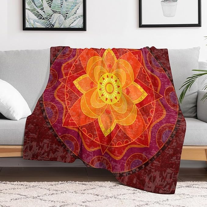 Red Mandala Throw Blanket Bright Circular Ethnic Pattern Native Indian Ornament Blanket for Sofa Bed Couch Chair Or Dorm 70"x80"