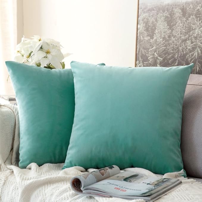 MIULEE Velvet Throw Pillow Covers 18x18 Inch, Pack of 2 -Aqua Green, Soft Solid Decorative Pillow Covers Square Cushion Cases Farmhouse Modern Home Decor for Spring Couch Sofa Bedroom Living Room