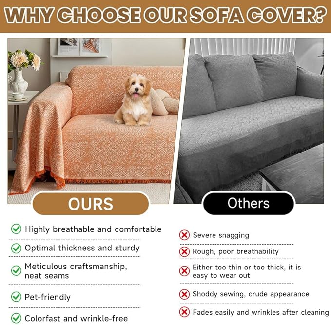 ROOMLIFE Orange Couch Cover Boho Sofa Covers for 3 Cushion Couch Washable, Furniture Protector Sofa Couch Cover for Dogs, Soft Breathable Sofa Slipcover, Couch Throw Blankets with Tassels 71''X134''