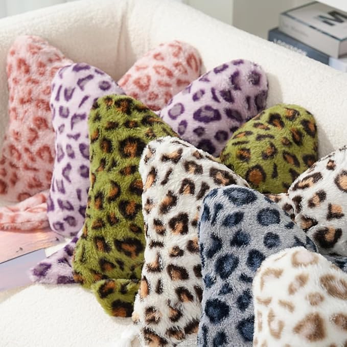 2Pcs Leopard Print Bow Throw Pillow Furry Bow Plush Pillows Cute Flower Plush Pillow Cheetah Home Decor Stuffed Bow Lumbar Pillow for Bed Couch Living Room Decor (Pink, 16in)