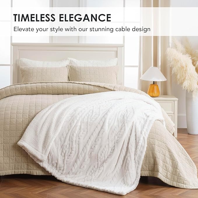 EverGrace Classic Cable Jacquard Sherpa Fleece Throw Blanket for Couch, Soft Cozy Fuzzy Plush Blankets for All Seasons, Reversible Thick Warm Blanket for Bed, Sofa, Bleach White, 50" x 60"
