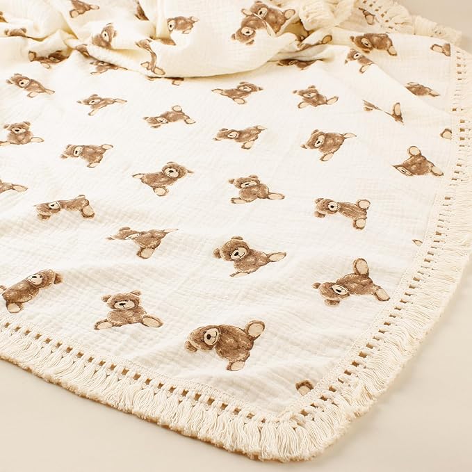 Little Jump Cotton Muslin Swaddle Blankets with Tassel, Boho Bohimia Muslin Baby Blanket Neutral with Fringe, Vintage Teddy Bear Nursery Decor Muslin Throw Blanket 47" x40" (Teddy Bears)