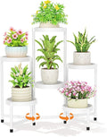 LASZOLA 6 Tiered Plant Stand Indoor Outdoor with Plastic Tray, Corner Folding Tall Flower Display Rack, Modern Plant Holder Shelf for Outdoor Patio Porch Garden Office Living Room, White