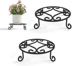 2 Pack 10” Diameter Metal Outdoor Plant Stand Indoor, Black Heavy Duty Potted Holder, Round Anti-Rust Wrought Iron Flower Planter Pot Display Stands for Home Garden