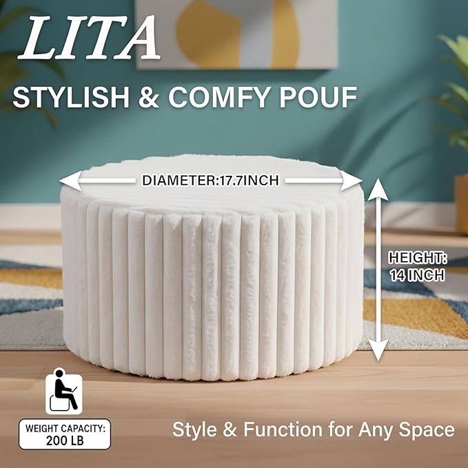 LITA Round Stuffed Pouf Ottoman, Corduroy Poufs with High-Density Foam Filling and Washable Cover, Furry and Fluffy Bean Bag Foot Stools Ottoman for Living Room, Bedroom, Office, Beige, Round