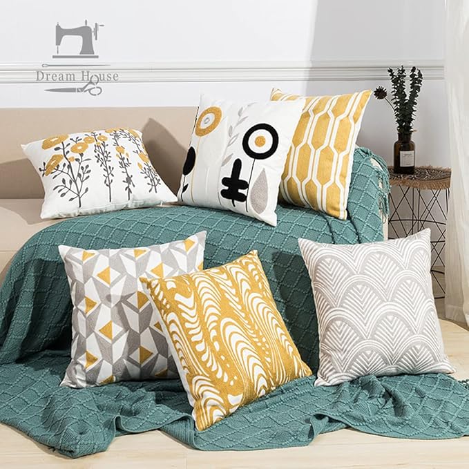 vctops Embroidery Cotton Decorative Throw Pillow Cover Boho Geometric Pattern Cushion Cover for Couch Sofa Bed (Yellow B,18"x18")