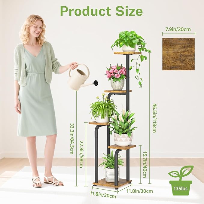 iDavosic.ly Tall Plant Stand Indoor, 4 Tier Corner Multiple Flower Holder Shelf with Wooden Trays, Space Saving Display Rack for Living Room Balcony Patio Porch Outdoor | Black & Brown