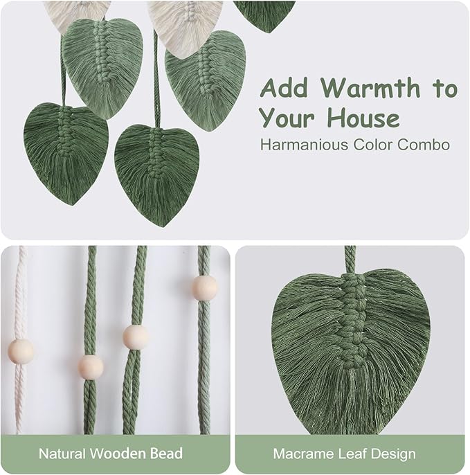 EaseMyKit Macrame Wall Hanging Leaves Tapestry, Boho Wall Decor Woven Feather Handmade Yarn Tassels Leaf Wall Art Decorations for Nursery, Bedroom, Office,Living Room,16x26 Inch(Green)