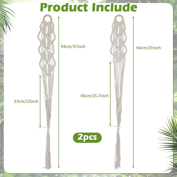 Set of 2 Boho Macrame Plant Hanger, 37 Inch Extra Long Plant Hangers Indoor, Hanging Plant Holder for Indoor Plants, Macrame Pot Holder, Hanging Macrame Basket Indoor Garden Decor