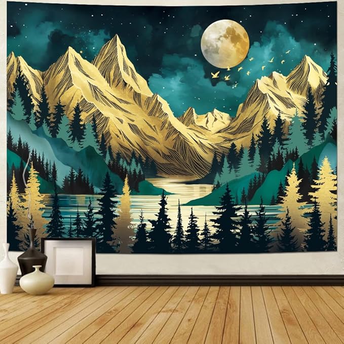 Dermijer Mountain Forest Tree Moon Stars Nature Landscape Wall Hanging Vintage Aesthetic Magic River Wall Tapestry for Bedroom Living Room W59.1×H51.2