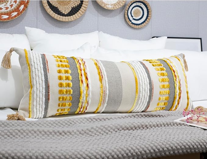 Chenille and Cotton Long Pillow for Bed, Striped Textured Boho Lumbar Throw Pillow Cover 14x36, Neutral Accent Decorative Extra Long Body Pillow Case for Couch, Sofa, Bedroom, Yellow