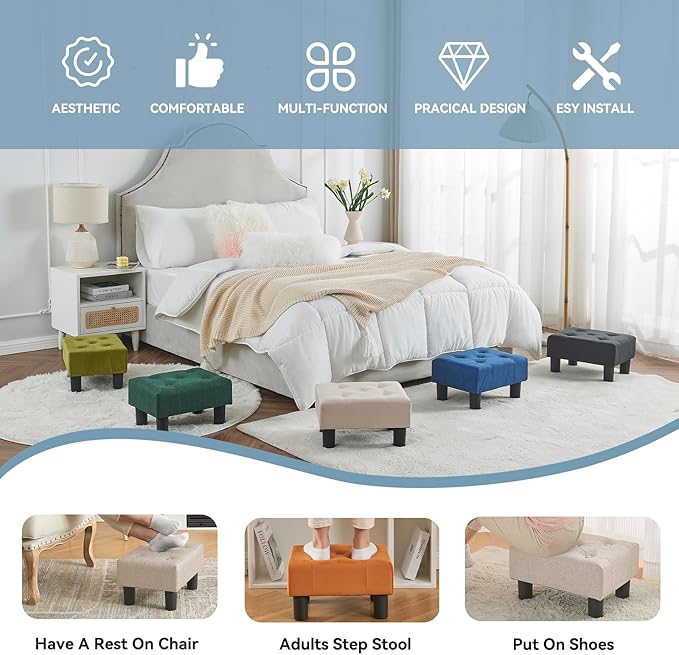 Poofzy Small Foot Stool Ottoman, Linen Ottoman Foot Rest with Legs, Rectangle Foot Rest for Couch, Footstools and Ottomans Small for Living Room and Entryway (Brown)