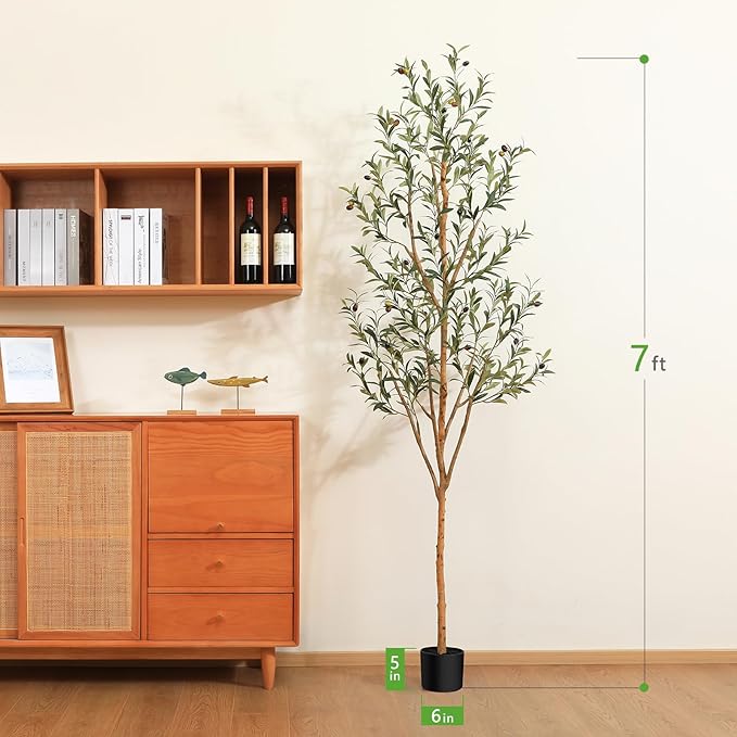 Kazeila Artificial Olive Tree 7FT Tall Faux Silk Plant for Home Office Decor Indoor Fake Potted Tree with Wood Branches and Fruits