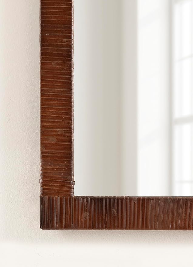 Kate and Laurel Rahfy Boho Arched Rattan Mirror; 20 x 30; Brown; Decorative Arch Wall Mirror with Authentic Rattan Frame for Vanity Bathroom Mirror