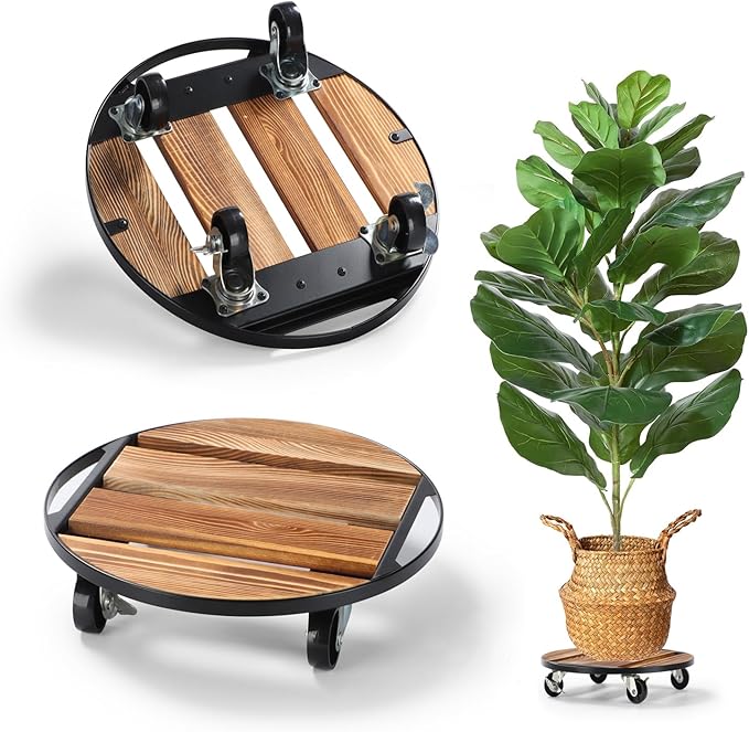 2 Pack Plant Caddy with Wheels, 12" Rolling Plant Stand 264 LB Heavy Duty, Iron and Wood Round Plant Dolly with Metal 360° Lockable Caster Wheels for Outdoor Indoor Large Plant Pots, Flower Pot, Patio