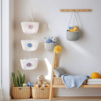 3 Tier Cotton Rope Hanging Wall Basket, Cute Flower Decor Wall Mounted Storage Organizer for Nursery, Bathroom, Kitchen, Kids Room, Boho Woven Hanging Shelf with 2 Hooks
