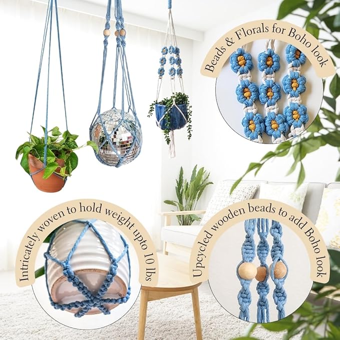 Set of 3 Macrame plant hangers with Daisies & Beads Hanging plant holder Macrame Plant hangers outdoor and indoor hanging planters Plant stand indoor Boho Decor hanging planter stand (Cloudy Day)