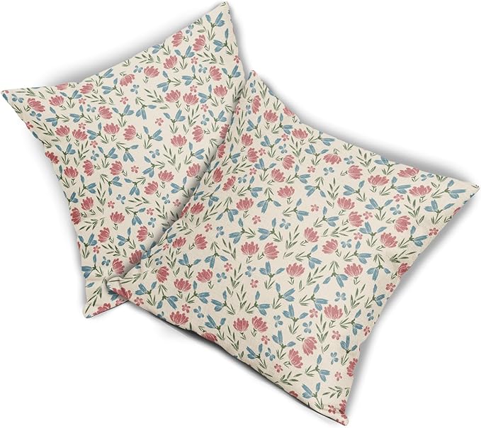 Green Pink Blue Floral Pillow Covers 16x16 Set of 2 Vintage Rustic Old Style Cute Small Flower Print Decorative Outdoor Pillowcases Farmhouse Throw Cushion Case Decor for Couch Sofa Bed
