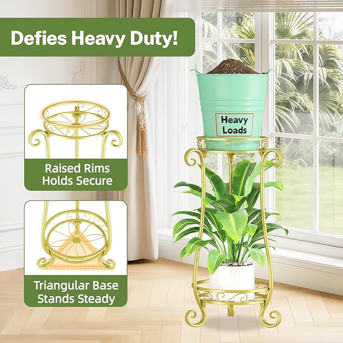 iDavosic.ly 2 Tier Metal Plant Stand Indoor Outdoor, Iron Corner Tall Flower Pot Holder Shelf, 27 Inch Vertical Heavy Duty Display Rack for Patio Porch Living Room Garden, Gold