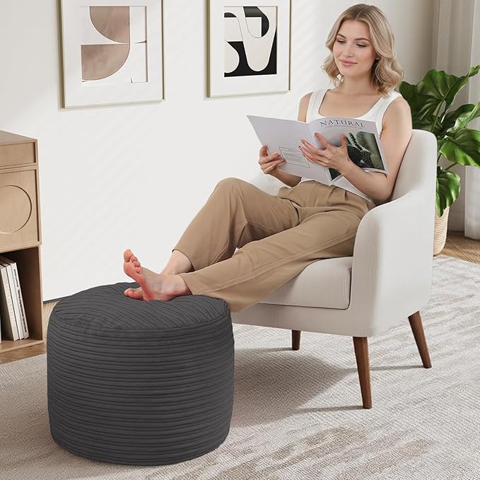 MeMoreCool Stuffed Round Pouf Ottoman Foot Rest, Soft Plush Floor Pouf Foot Stool, Corduray Footstool Footrest, Small Round Ottoman for Living Room Couch Sofa Chair, 20x15 Inch Grey