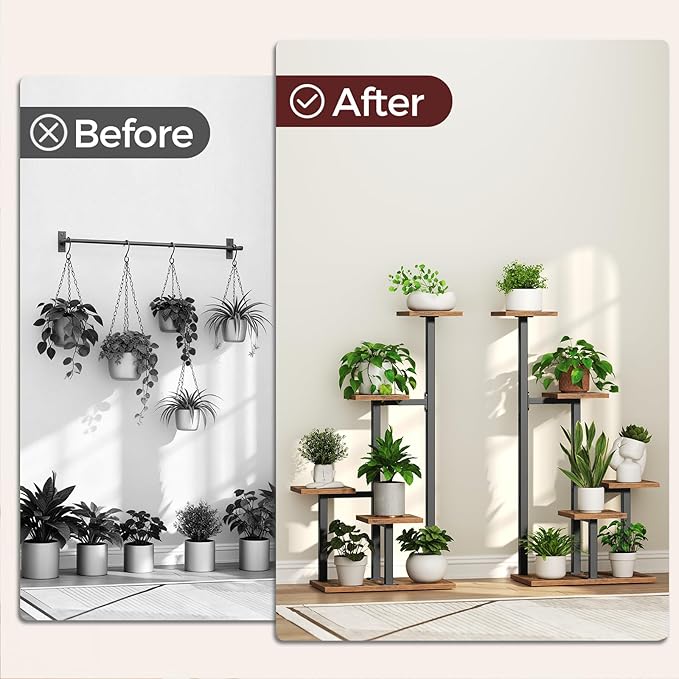 Plant Stands Indoor Set of 2, Metal Corner Plant Stand for Multiple Plants, 5 Tier Plant Shelves for Living Room, Home, Patio, Rustic Brown and Black PSHR0101S2