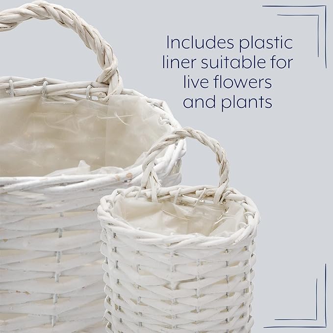 AuldHome Design Wall Hanging Baskets (White, Set of 2); Woven WIcker Rustic Farmhouse White Washed Door Baskets, Small and Medium Size (Pack of 2)