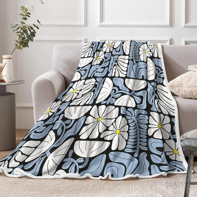 Boho Abstract Colorful Floral Throw Blanket, Vintage Retro Patchwork White Blue Flower Botanical Geometric Aesthetic Groovy Flannel Throw Blanket for Chair Bed Sofa Couch, 60X80IN