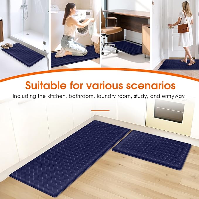 Kitchen Mats, 2PCS Kitchen Rugs, Cushioned Anti Fatigue Kitchen Mats for Floor, Non-Slip Standing Desk Mat, Waterproof Kitchen Rug Set for Kitchen, Floor, Office,17.3"×30"+17.3"×59",Blue