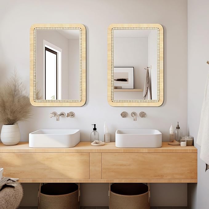 ULIKE Rattan Mirror for Bathroom, 24x36 Inch Rectangle Rustic Farmhouse Wall Decor with Handmade Wicker Frame, Boho Mirror for Nursery Bedroom Living Room Entryway
