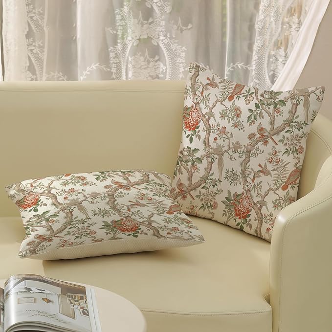 Chinoiserie Pillow Covers 18x18 Set of 2 Orange Green Bird Floral Throw Pillows Vintage Flowers Decorations Outdoor Pillowcase Chinoiserie Decor Farmhouse Linen Cushion Case for Couch Home