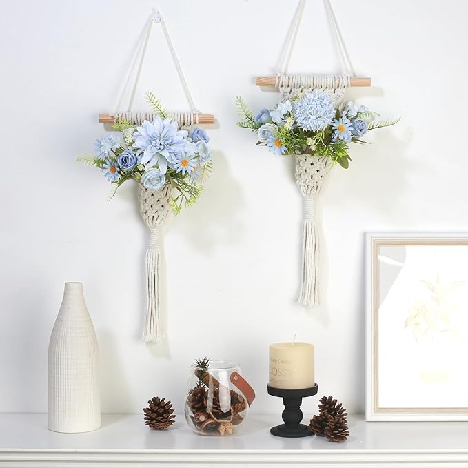 Macrame Wall Hanging with Artificial Flowers, Wall Decorative Art, Handwoven Cotton RopeTapestry, Woven Tassels Boho Home Decoration,8x23 Inches, Set of 2 (Blue Fake Flower)