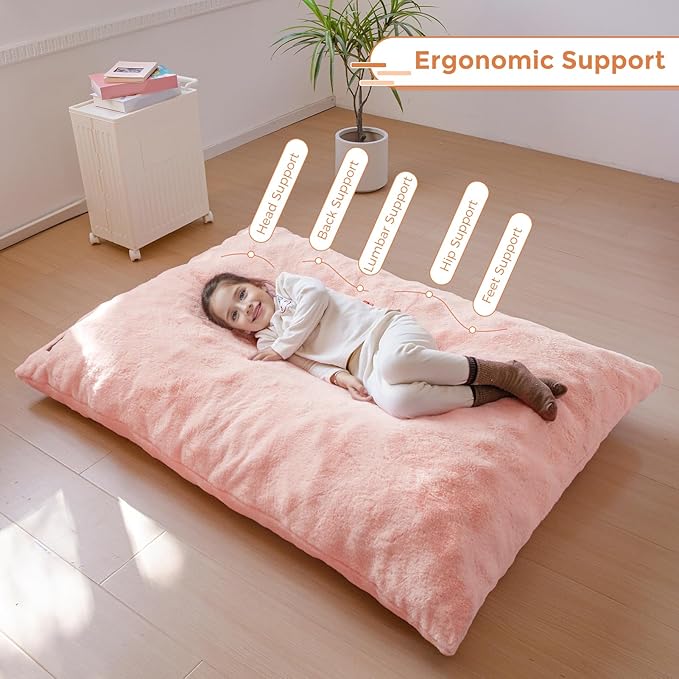 MAXYOYO 3 in 1 Kids Bean Bag Chair Bed, Child Floor Sofa for Gaming, Reading, Faux Fur Floor Mattress with High-Density Foam Filling for Living Room Bedroom