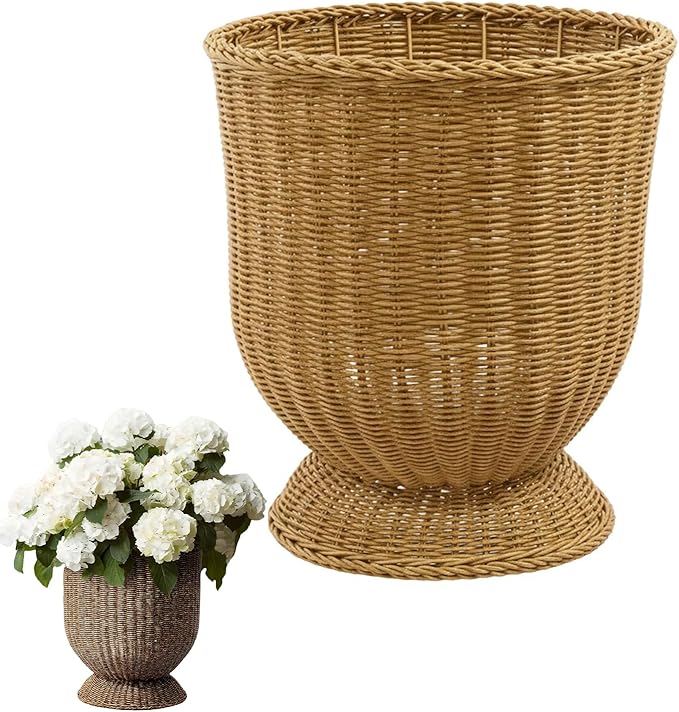 12 Inch Hand Woven Rattan Planter Pot with Stand - Large Decorative Basket for Indoor Plants, Flowers, and Storage - Boho Home Decor for Living Room, Patio, and Entryway (Ginger)