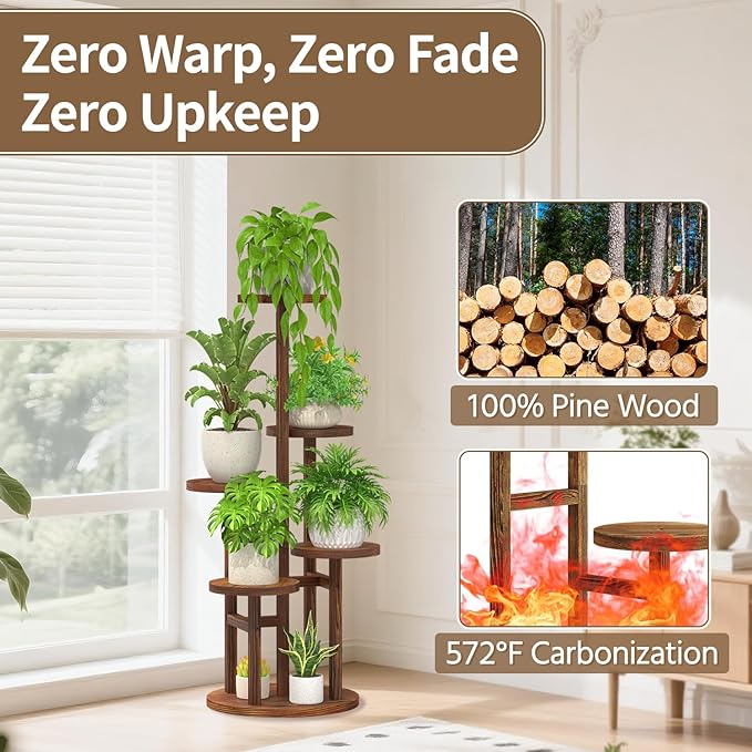 LASZOLA Brown 5 Tiered Wooden Plant Stand Indoor with Heavy Duty Planter, Large Multiple Level Vertical Flower Rack for Narrow Corner, Sturdy Rustic Shelving Organizer Holder for Modern House Bathroom