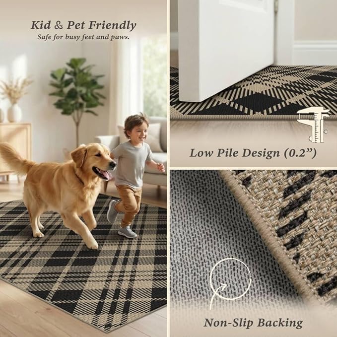 JTJ Vintage Checkered Easy Jute Rugs for Large Living Room 8x10 - Diamond Patterned Woven Rug for Bedroom, Indoor Area, Dining Room, Washable Foldable Low Pile Black and White Classic Decor