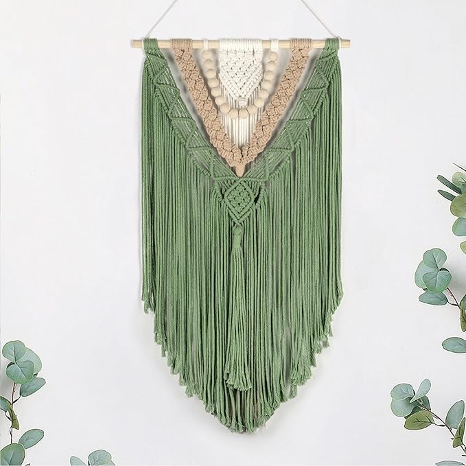 HVEST Macrame Woven Wall Hanging Handmade Boho Tapestry Green Home Decor, Bohemian Tapestry Aesthetic Wall Decoration for Bedroom Living Room Apartment Nursery Backdrop